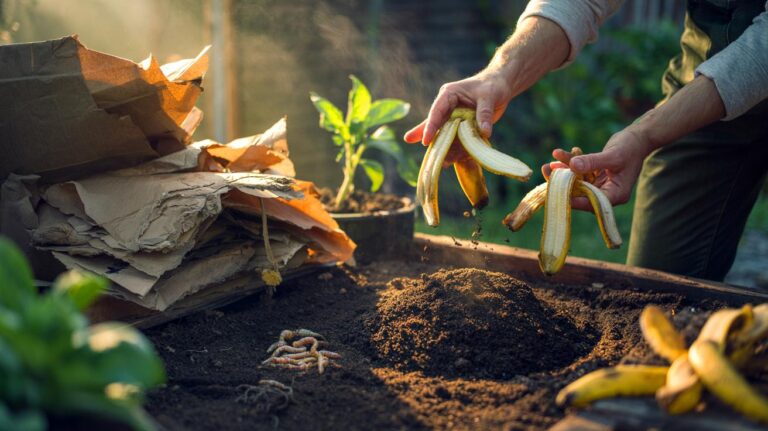 Illustration of banana peels being added to a compost pile to accelerate decomposition into nutrient-rich soil