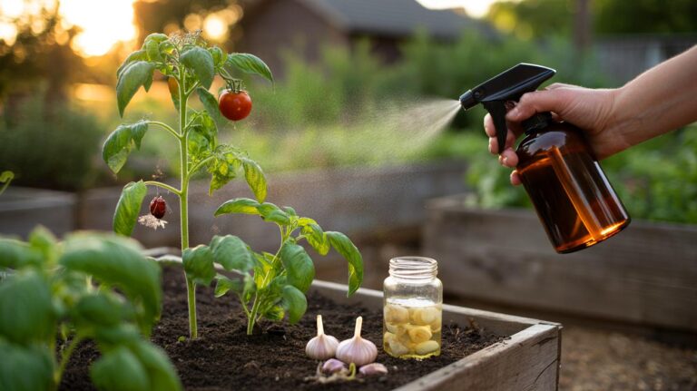 Illustration of a gardener applying garlic water with a spray bottle to vegetable plants to repel insects without synthetic chemicals