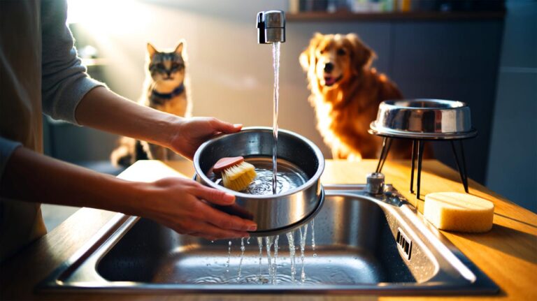 Illustration of a person washing a pet food and water bowl in a kitchen sink