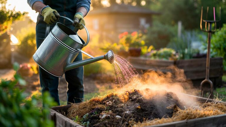 Illustration of a gardener misting diluted molasses over a compost pile to help bacteria thrive