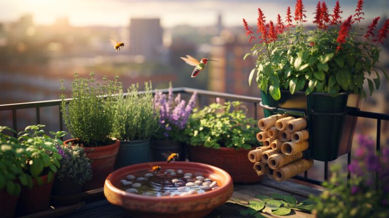 Illustration of small-space pollinator micro-habitats, including a shallow water dish with pebbles, flowering herb containers, and simple bee nesting tubes on a balcony
