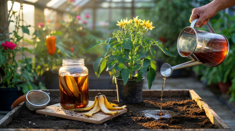 Illustration of brewing banana peel tea to boost plant growth in days