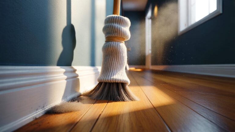 Illustration of a broom with a microfiber sock covering its head cleaning baseboards along a wall