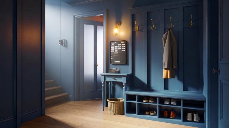 Illustration of a decluttered hallway with a narrow console drop zone, key tray, labeled mail slot, bench with cubbies, and a shallow shoe rack