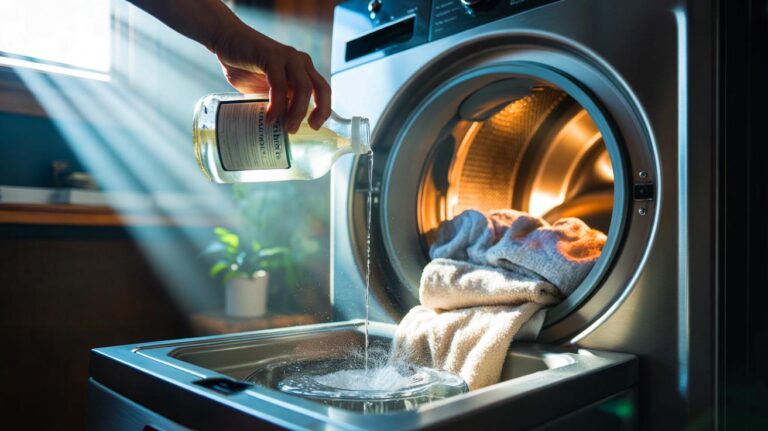 Illustration of distilled white vinegar being added to a washing machine to remove musty odors from laundry