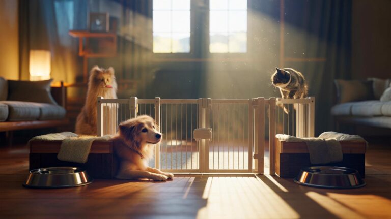 Illustration of a behaviorist-guided, low-stress new pet introduction, with a dog and a cat observing each other through a baby gate, scent-swapped bedding, and duplicate resources.