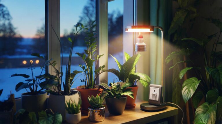 Illustration of indoor houseplants illuminated by a full-spectrum LED grow light on a timer during winter to extend a 12–14 hour photoperiod