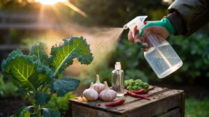 Illustration of homemade garlic-pepper spray being applied to garden plants to repel pests