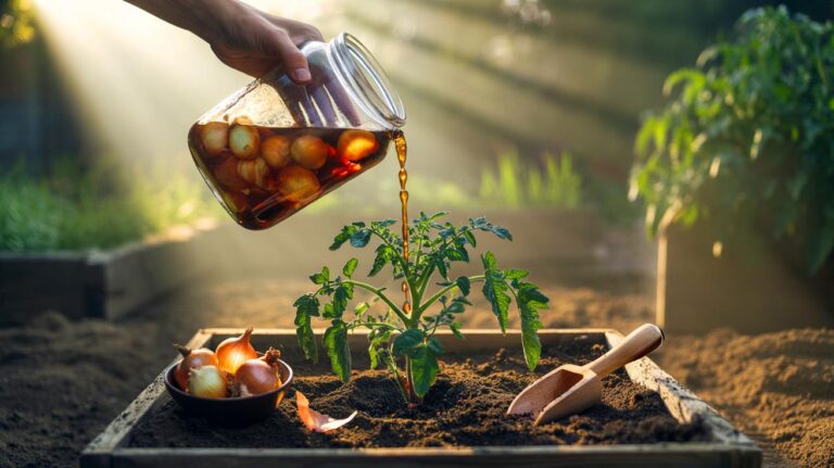 Illustration of onion peels being brewed into natural fertilizer and applied to tired garden soil