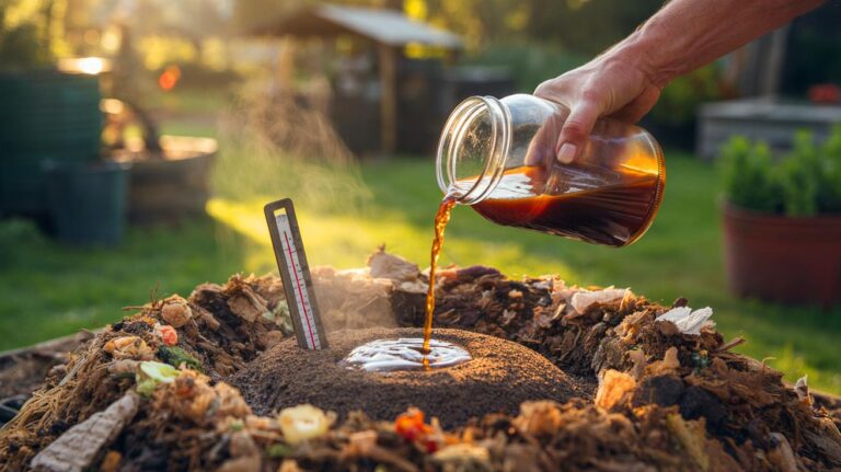 Illustration of activating and applying a baker’s yeast and sugar solution to a backyard compost pile to accelerate decomposition