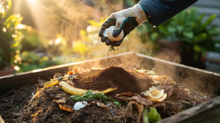Illustration of coffee grounds and crushed eggshells being added to a backyard compost bin with shredded paper filters and leaves