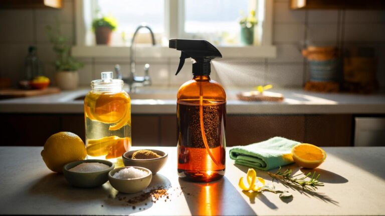 Illustration of a DIY all-purpose cleaner made from pantry leftovers, with a labeled spray bottle of citrus peel–infused vinegar, baking soda, salt, and coffee grounds on a kitchen counter