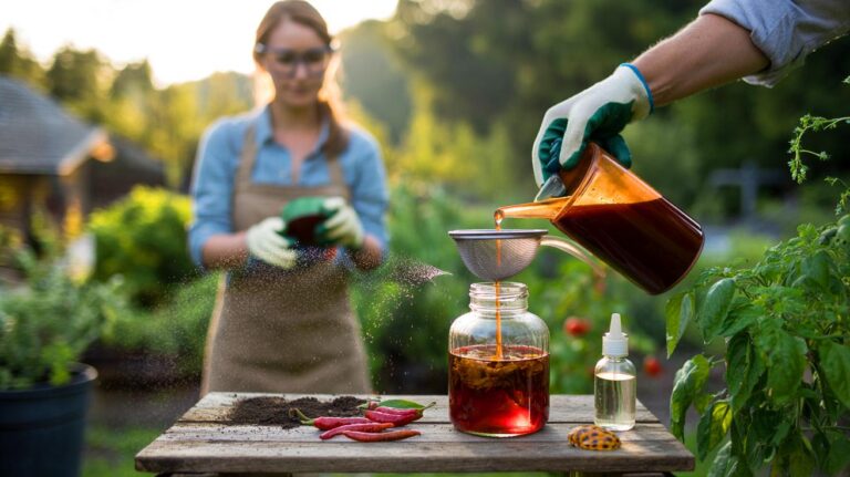 Illustration of a gardener mixing a chili-and-water solution and spraying it on plant leaves as an eco-friendly pest repellent