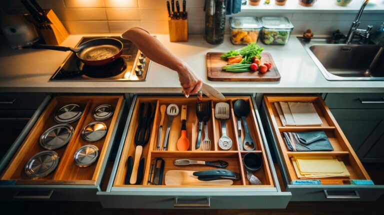 Illustration of organized kitchen drawers arranged by work zones with labeled dividers, utensils, and food storage supplies to speed up cooking and cut waste
