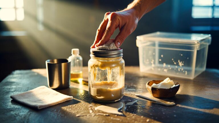 Illustration of using oil and baking soda to remove sticky residue from household surfaces