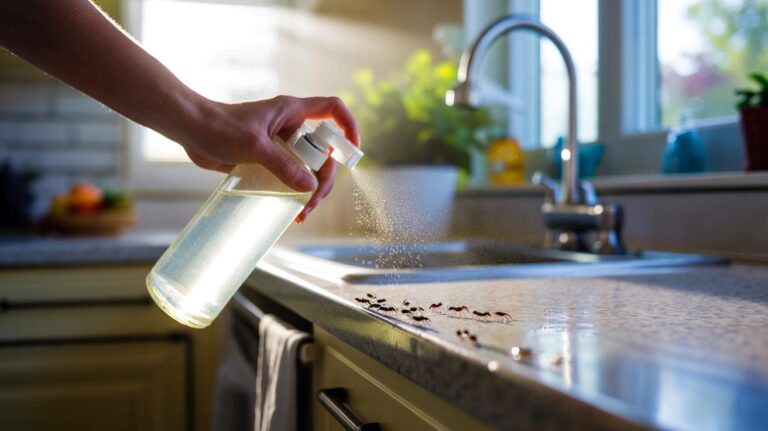 Illustration of white vinegar spray being applied to an ant trail on a kitchen countertop