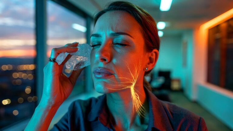 Illustration of neuroscience-backed 30-second stress reset techniques: the physiological sigh, cold water to the face, and panoramic gaze