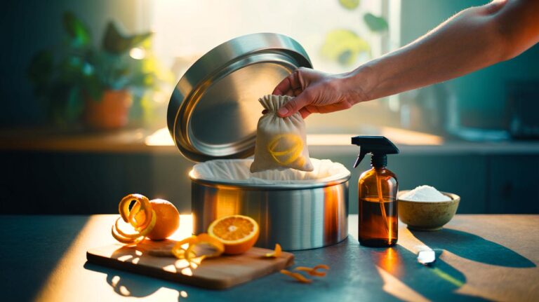 Illustration of reusing orange peels to keep a household bin smelling clean