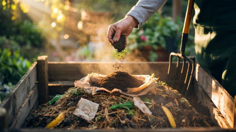 Illustration of reviving a slow compost pile with a handful of used coffee grounds