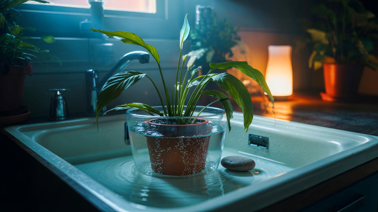 Illustration of a wilted potted houseplant soaking in a basin of room-temperature water to rehydrate overnight