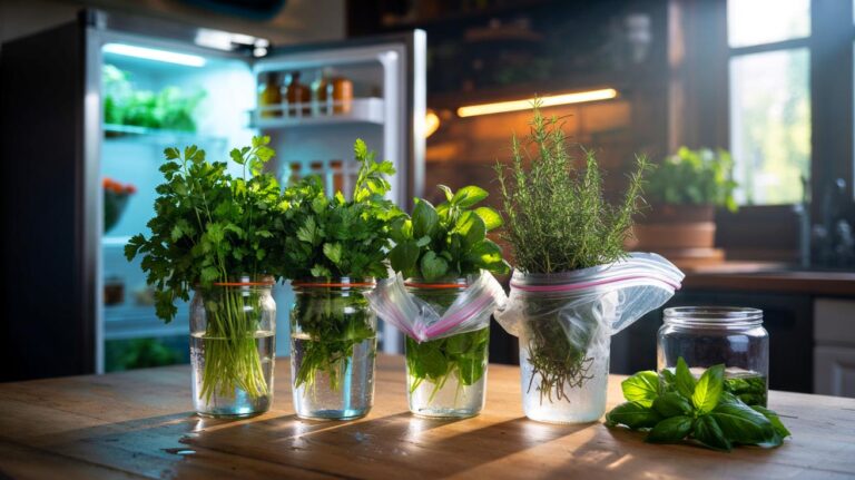 Illustration of fresh herbs stored for weeks using jar-in-water with loose bag tents for tender sprigs and damp paper towel wraps for hardy sprigs