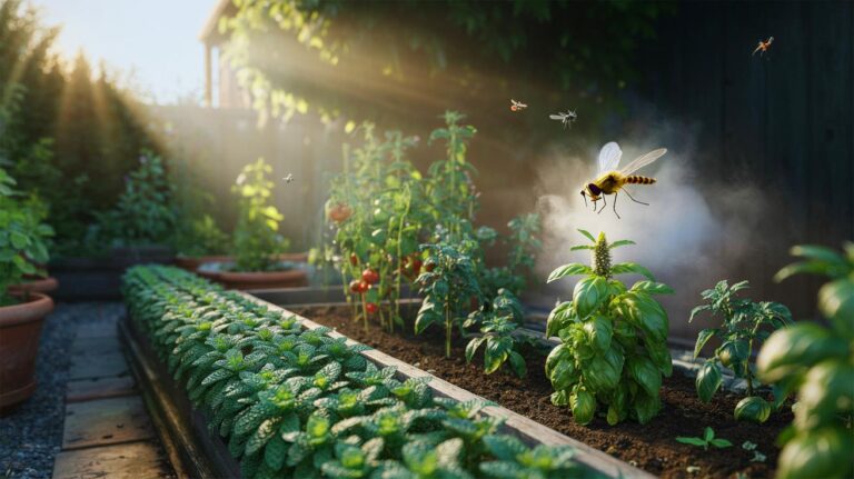 Illustration of mint and basil plants forming a natural pest barrier in a garden