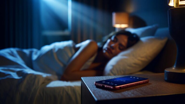 Illustration of a dark bedroom with a smartphone on a nightstand, screen off, eliminating light to improve deep sleep quality