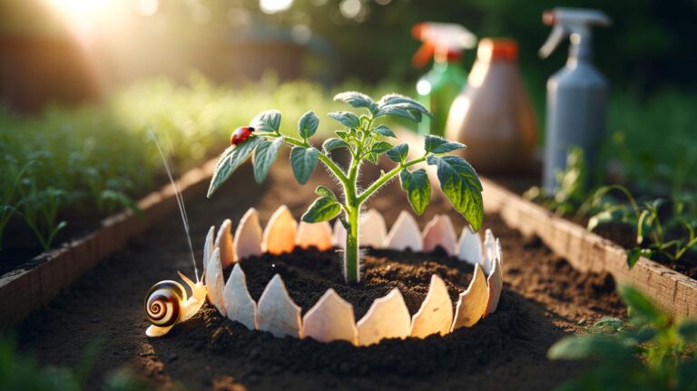 Illustration of crushed eggshells forming a protective ring around garden plants, highlighting a natural alternative to store-bought sprays