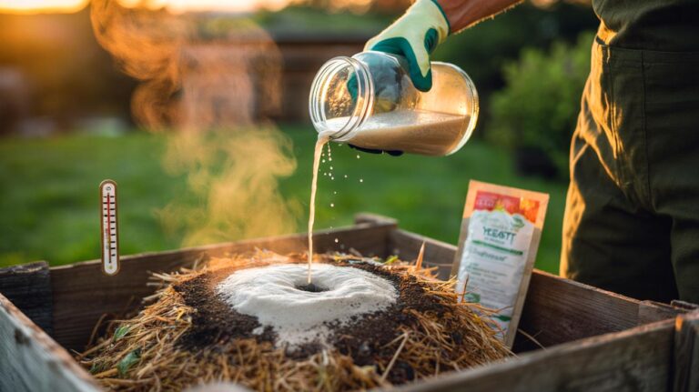 Illustration of a £1 packet of baker’s yeast being mixed with water and sprinkled over a backyard compost pile to jump-start microbial activity