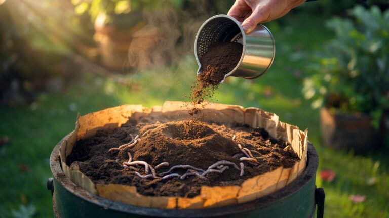 Illustration of spent coffee grounds being mixed with shredded leaves in a backyard compost bin to speed up decomposition