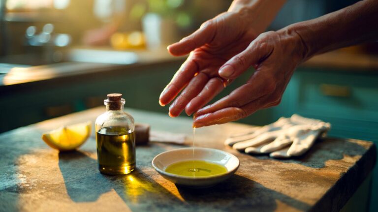 Illustration of hands massaging olive oil into brittle fingernails beside a small bottle and saucer on a kitchen counter
