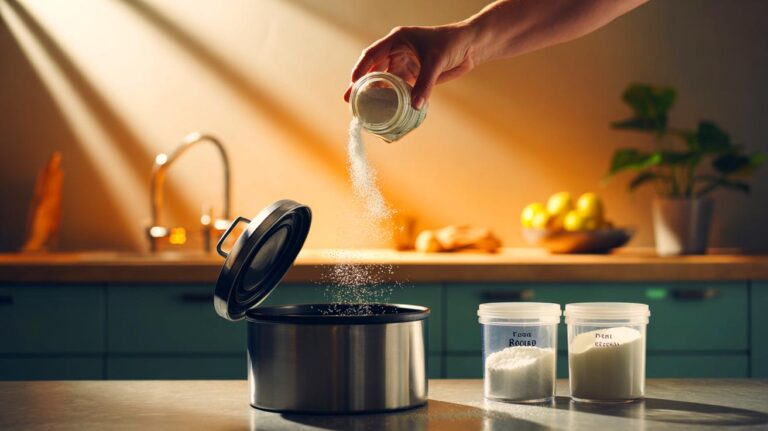 Illustration of a $2 pantry mix of baking soda and salt being sprinkled into a kitchen trash can to neutralize odors