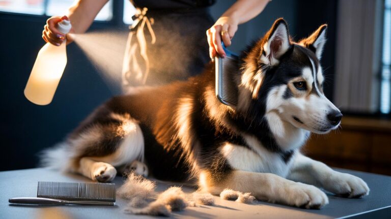Illustration of the three-step dog brushing method groomers use to stop shedding fast