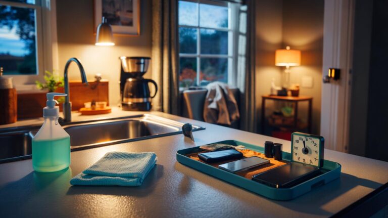 Illustration of a three-step nightly cleaning ritual that reduces morning stress: five-minute reset, sink-and-surface sweep, and launchpad layout