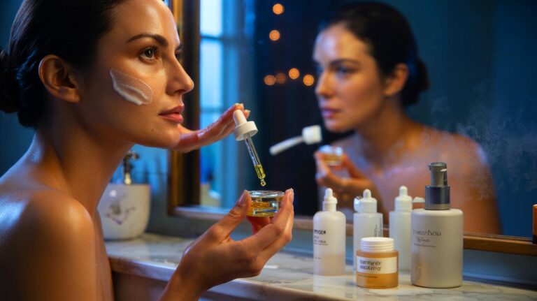 Illustration of a three-step nighttime skincare ritual—cleanse, treat, and seal—to slow visible skin aging