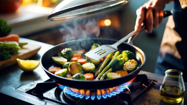 Illustration of vegetables searing in a hot skillet with perfect golden edges using the five-minute sear-and-steam technique