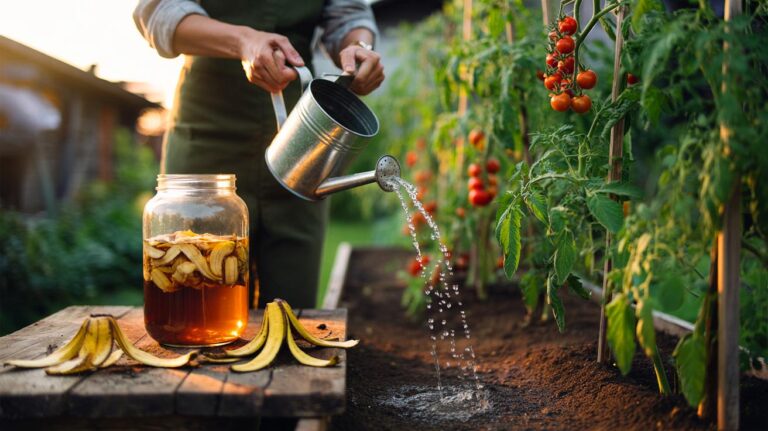 Illustration of banana peels steeping in water to make fertilizer and a gardener watering tomato plants with the diluted solution
