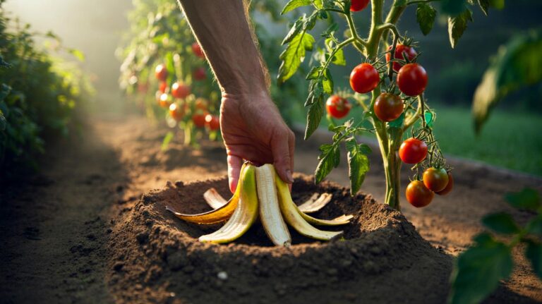 Illustration of chopped banana peels buried in a ring trench around tomato plants to promote faster, juicier fruit