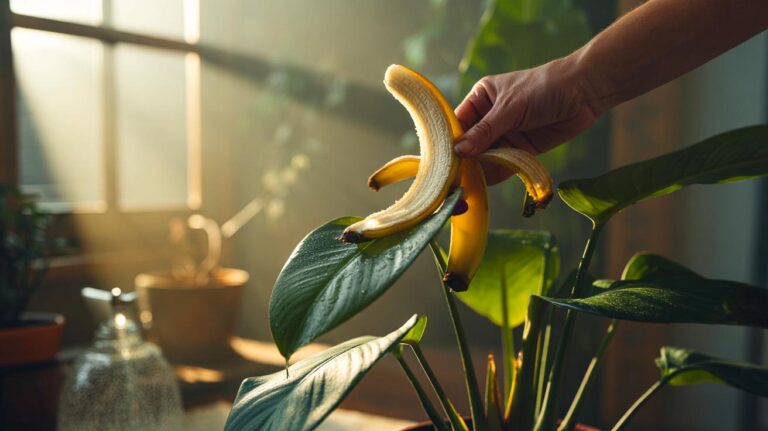 Illustration of a hand rubbing the inside of a banana peel on a broad, smooth houseplant leaf to clean and enhance green color