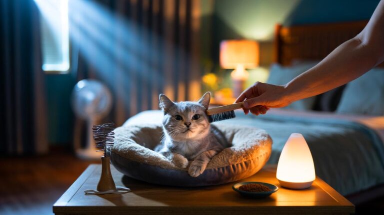Illustration of a calming bedtime routine that helps an anxious cat sleep through the night