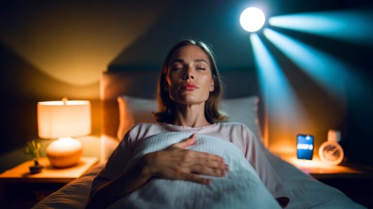 Illustration of a person lying in bed at night practicing the 4-7-8 breathing technique to fall asleep in about 90 seconds