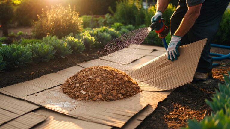 Illustration of overlapping plain cardboard sheets soaked and covered with 3 to 4 inches of organic mulch to smother weeds in a garden bed