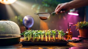 Illustration of sprinkling cinnamon powder over seedling trays to prevent mold