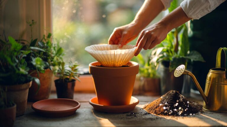 Illustration of a coffee filter covering the drainage hole inside a plant pot to improve drainage and keep soil in place