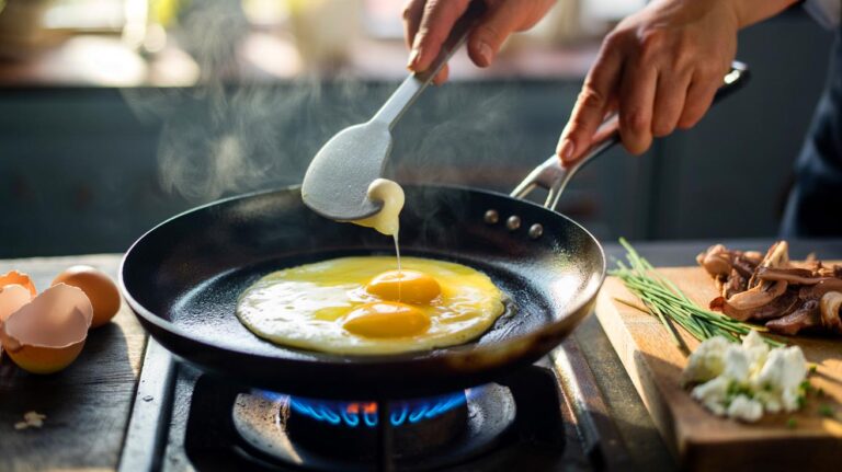 Illustration of a chef starting an omelet in a cool, buttered nonstick pan over low heat, demonstrating the cold-pan rule