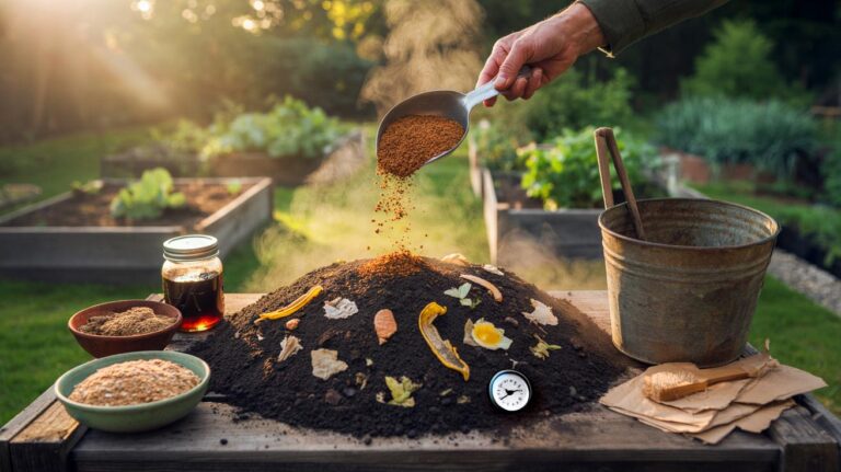 Illustration of a pantry-sourced compost activator mix—coffee grounds, tea leaves, crushed eggshells, banana peel pieces, stale bread crumbs, and molasses—being sprinkled over a backyard compost pile