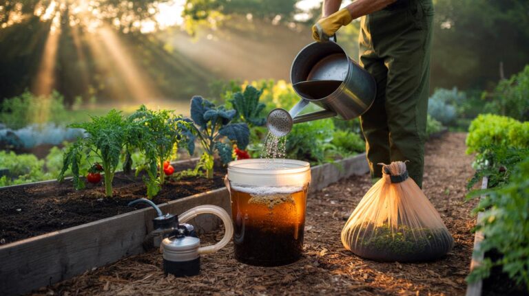 Illustration of compost tea brewing with aeration and immediate application to garden beds to transform soil health in one week