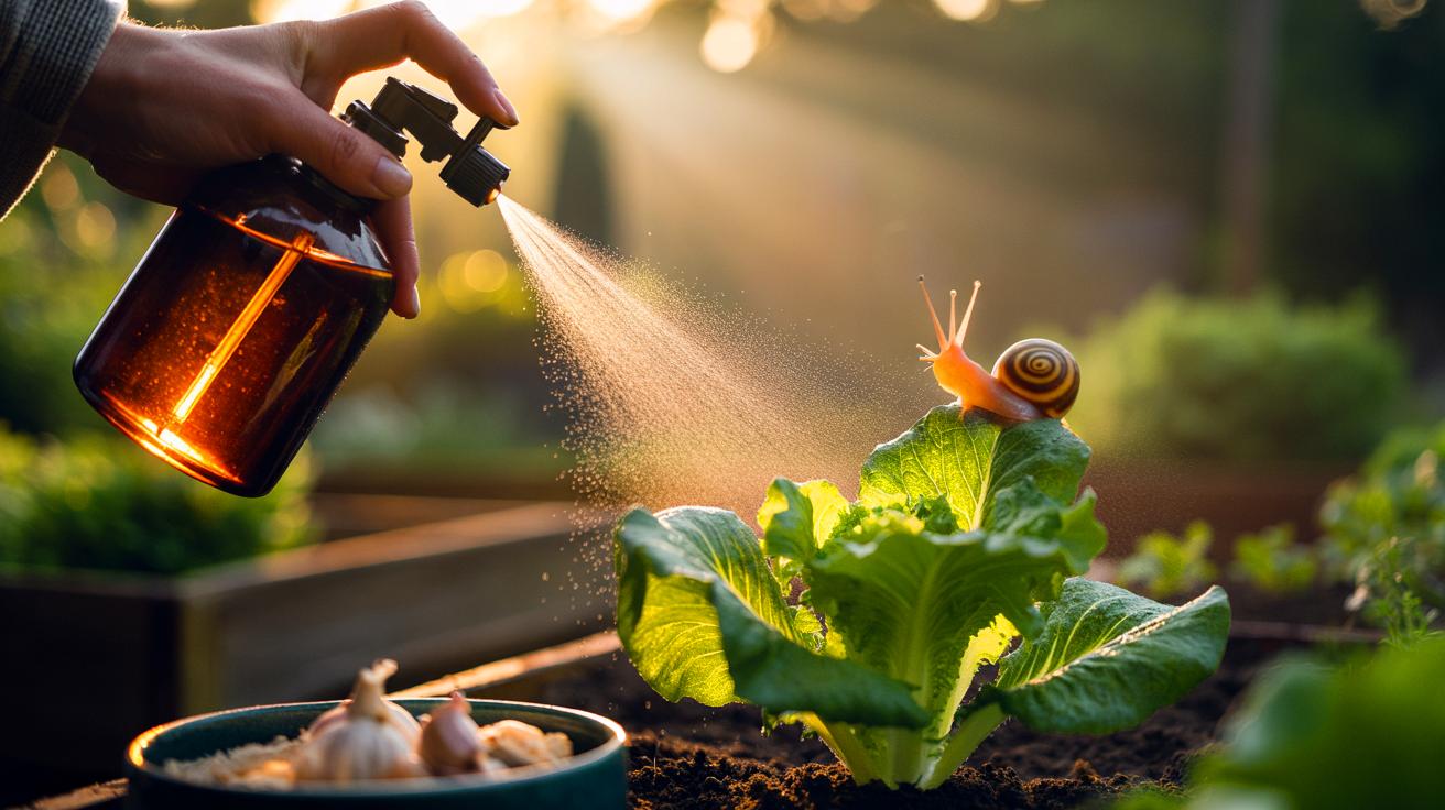 Illustration of crushed garlic spray being applied to garden leaves and soil perimeter to deter snails