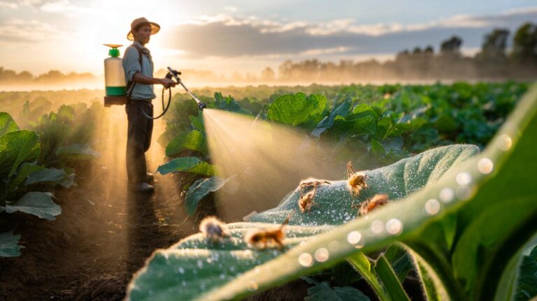 Illustration of a farmer spraying a diluted dish soap solution on crop leaves to control aphids and mites without pesticides