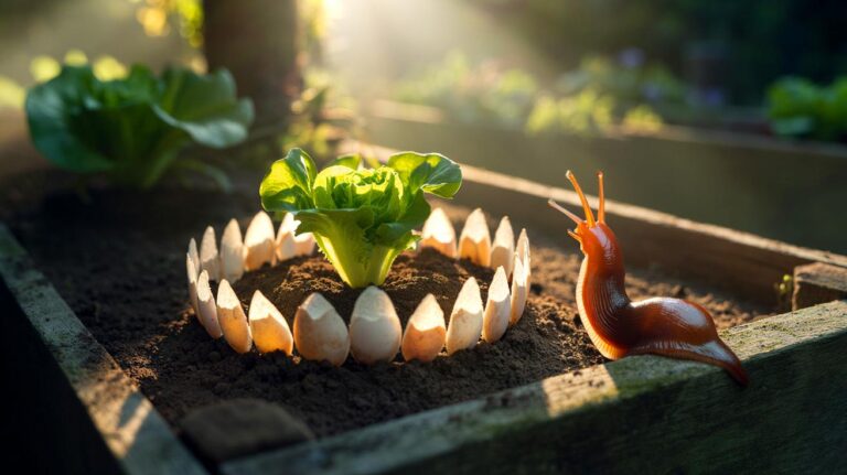Illustration of crushed eggshells forming a barrier around garden plants to deter snails and slugs